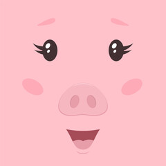 Cute cartoon pig face in square background. Illustration in flat style.