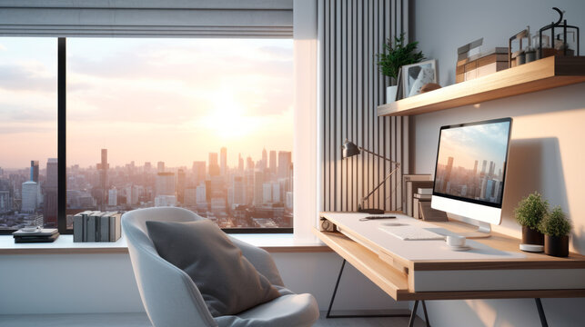 Minimalist design A modern home office setup with a sleek desk, ergonomic chair, and high-tech gadgets. Outside the window, a bustling city view contrasts with the serene work environment.