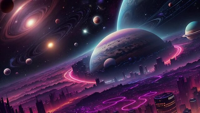 Futuristic cosmic animation with deep space, galaxy, and futuristic cityscape on planet. Bright cosmic animation with illustrations transformations and metamorphose. AI generated cinematic video