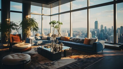 Elegant interior of a luxury penthouse with floor-to-ceiling windows, offering a sweeping city view. generative AI
