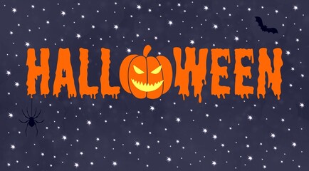 Halloween card with dark blue starry background with a black bat, a black spider and an orange pumpkin