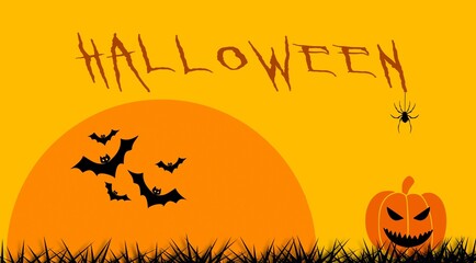 Halloween card with yellow background with spider, black bats, grass, orange moon and orange pumpkins