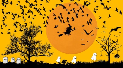 Yellow Halloween card with trees, birds, ghosts, tombs, witch, spider, orange moon and pumpkin