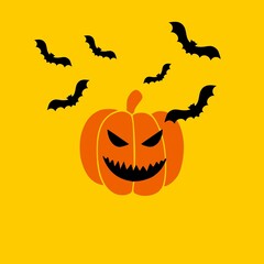 Square Halloween card with yellow background with black bats and orange pumpkin