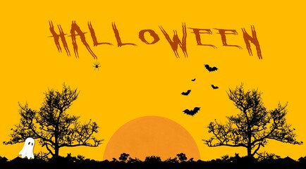 Yellow Halloween card with 2 symmetrical trees, bats, ghost, spider and orange moon