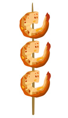 Grilled shrimp on a skewer. Vector isolated illustration.