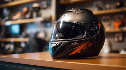 Fototapeta premium Close-up of a motorbike rider's helmet sitting on a table in a shop