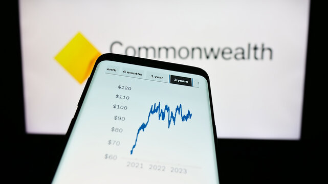 Stuttgart, Germany - 09-17-2023: Mobile phone with website of company Commonwealth Bank of Australia (CBA) on screen in front of logo. Focus on top-left of phone display.