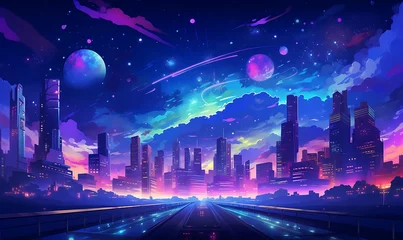 Rolgordijnen city ​​background with a night atmosphere filled with colorful stars and neon, Generative Ai © Handz