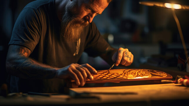 A craftsman is carving a surfboard