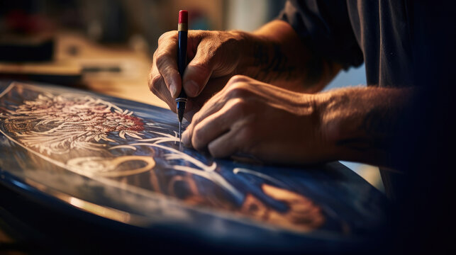 A craftsman is carving a surfboard