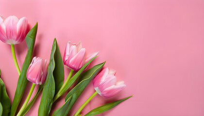 Springtime, pink tulips bouquet on pink background, top view. 