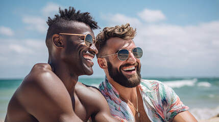 Homosexual couple happily hugging and smiling against the backdrop of the beach