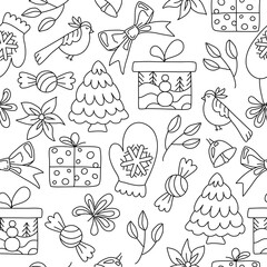 New Year, Christmas seamless pattern. Hand drawing coloring page for kids and adults. Winter Holidays. Beautiful drawing with patterns and small details. Coloring anti stress pictures, mandala
