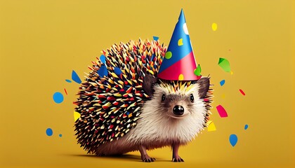 hedgehog in a birthday cap. Creative animal birthday concept. Generative in ai - obrazy, fototapety, plakaty