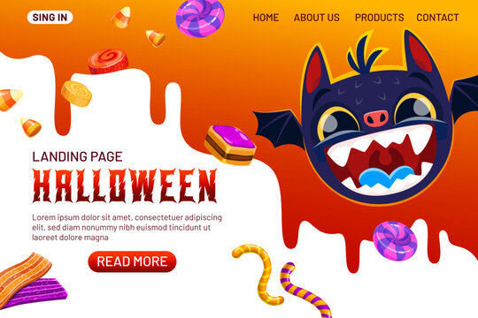 Halloween landing page with devil character and holiday sweets. Vector web banner with cartoon creepy bat, jelly worms, corn candies, toffee and liquorice on bright white and orange background