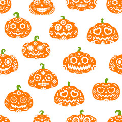 Halloween party mexican pumpkin spooky characters seamless pattern. Vector tile background. Dia de muertos holiday calaca gourd faces with ornament, eyes and toothy smiles, decorated jack-o-lanterns
