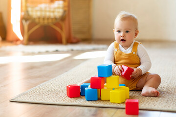 Adorable Infant Baby Playing With Stacking Building Blocks At Home