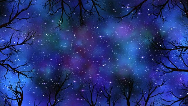 Low level view of scary trees and magical starry night sky in a seamless loop. Perfect frame for background in Halloween events, intros, trailers, etc.