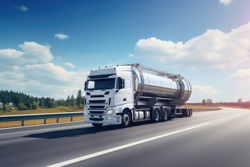 Fototapeta na wymiar A White Tanker Truck On A Highway Transporting Liquid Cargo