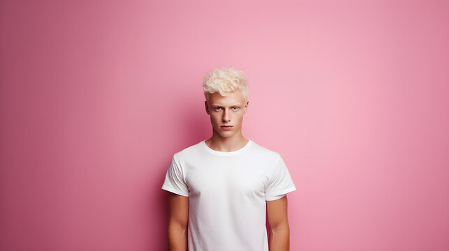 Young albino blond man wearing white t-shirt over isolated pink background looking confident and happy.
