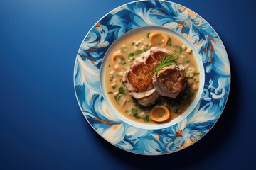 Blanquette De Veau On A Blue Abstraction Round Plate French Dish - obrazy, fototapety, plakaty