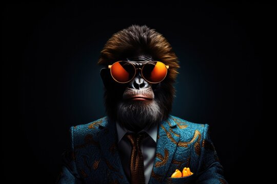 Poker Face Monkey In Suit And Sunglasses On Black Background
