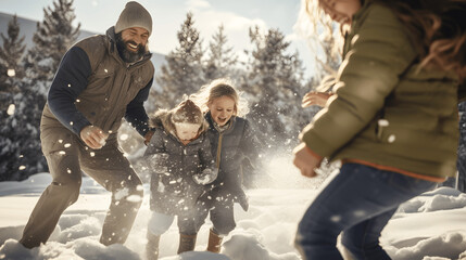 Familias felices jugando en la nieve en invierno