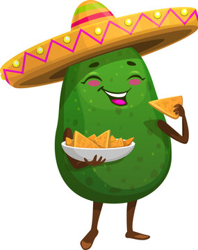 Naklejki Cartoon Mexican avocado character eating nachos chips in sombrero, vector emoji emoticon. Cute funny smiling avocado with nacho cups in bowl for Mexican cuisine food or snack package