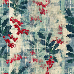 Naklejka premium Grunge americana Christmas holly red blue white cottage style background pattern. Festive distress grunge cloth effect for cozy winter home decor. 