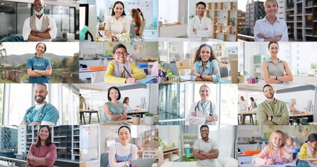 Collage, people and portrait in diversity for success, global education or career ambition. Montage of diverse community smile in confidence with positive mindset for world generations or development