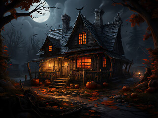 Fototapeta na wymiar Eerie Halloween cabin in the moonlight. AI Generation.