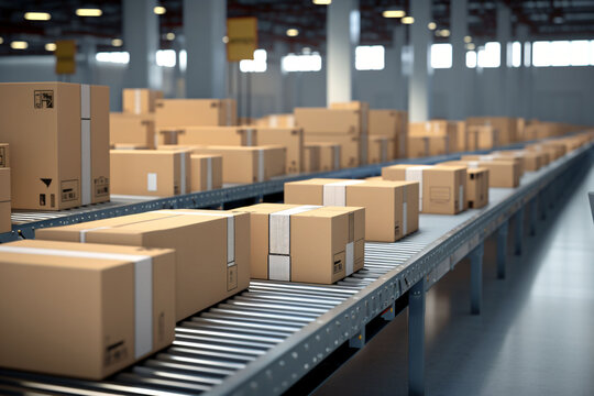distribution warehouse designed for e-commerce, a conveyor belt is prominently featured, with a line of cardboard box packages moving along it. modern distribution methods for online shopping.