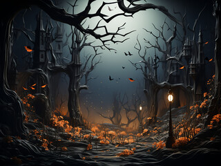 Dark Halloween forest, where art meets the spooky. AI Generation.
