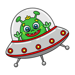 Cartoon smiling alien in flying saucer. Cute space extraterrestrial. Isolated vector colorful illustration of ufo on white background. Colored clipart on a cosmos theme.