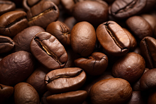 Roasted coffee beans background. Close up picture. Aromatic coffee scattered on surface. International coffee day.