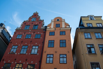Fototapeta na wymiar Stockholm Sweden, building at Stortorget Grand Square, Gamla Stan Old Town. Upper part, under view