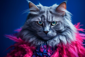 Close-up portrait of a cat with a fashionable purple and blue feather dress