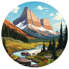 Logan Pass in Glacier National Park - National Park circular badge style illustration. Flat artwork style. US National Parks - obrazy, fototapety, plakaty