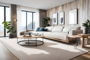 a modern, minimalist living room with a touch of Scandinavian warmth. 
