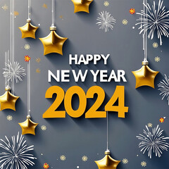 Happy New Year "A mesmerizing 2024 New Year's wishing photo, set against the backdrop of a starry night. The sky is adorned with dazzling fireworks, and sky lanterns, each carrying a heartfelt wish, 
