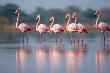 A Flock of Pink Flamingoes standing or walking in a lake 