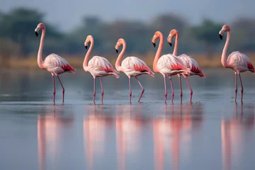 Gordijnen A Flock of Pink Flamingoes standing or walking in a lake  © Chrysos