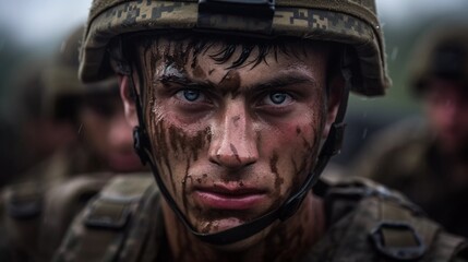 Fototapeta premium A soldier with helmet and fearful face expression