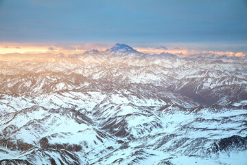 Andes range in winter time looking south with Aconcagua mountain in background