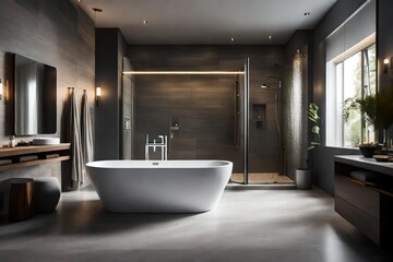 Fototapeta na wymiar a rejuvenating bathroom oasis with a freestanding bathtub, natural stone tiles, and soothing ambient lighting, using a monochromatic palette of calming shades of gray. 