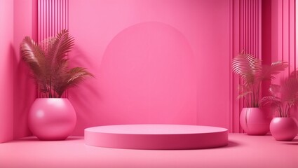 3d rendering of pink podium for displaying products in a pink tone room background. mockup for show product.