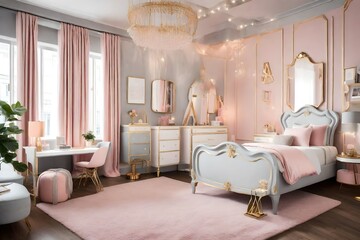 a trendy and chic teenager girl's room with a Parisian theme, featuring a color scheme of blush pink, soft gray, and elegant gold accents. 