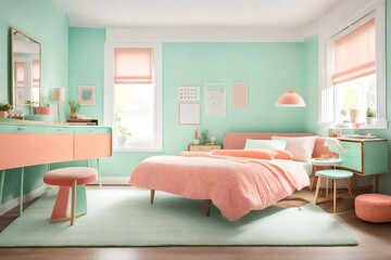 a teenager girl's room with a vintage and retro theme, featuring a color palette of pastel mint...