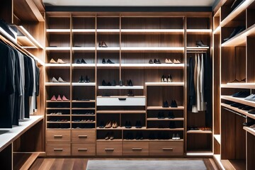 a minimalist and clutter-free walk-in closet with customized storage solutions for clothing, shoes, and accessories. 